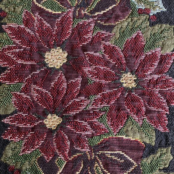 Vintage Tapestry Style Table Runner w/Burgundy Poinsettias & Holly Berri… - Picture 11 of 13
